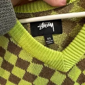 トップス Stussy Melange Checker Sweater Vest Stussy Green Melange Checker Sweater Vest Stussy